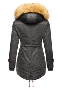 Gray parka with a detachable tan faux fur hood, cinched waist, elastic cuffs, and toggle drawstring at the hem. Textured fabric accents.