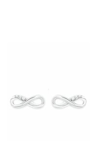 Orecchini in tonalità argento a forma di simboli dell'infinito, caratterizzati da curve morbide e una linea di cristalli trasparenti incastonati per un ulteriore dettaglio.