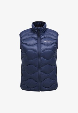 Marineblauer ärmelloser Puffer-Weste mit gestepptem Wellenmuster, hohem Kragen und Frontreißverschluss. Verfügt über zwei seitliche Taschen mit Reißverschluss.