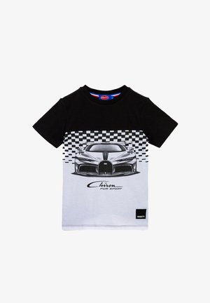 Black and white graphic t-shirt featuring a Bugatti Chiron illustration, checkered pattern on top, and a black label with "Bugatti" text.