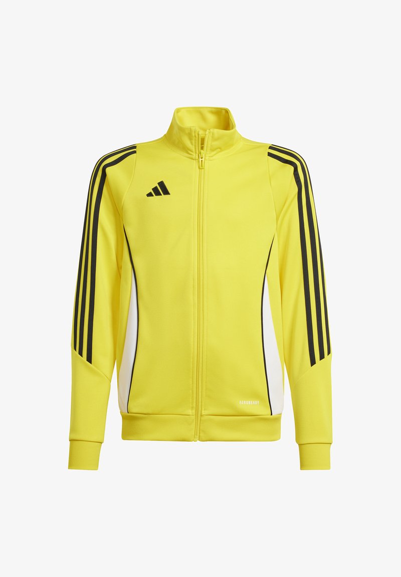 Geel sportjack met ritssluiting en zwarte strepen over de schouders en zijkanten, met een hoge kraag en witte accenten. Gemaakt van soepele stof.