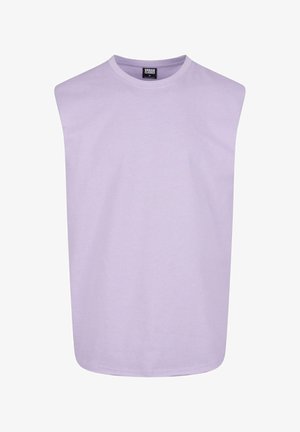 Sleeveless lavender shirt, made of soft cotton, featuring a round neck and a relaxed fit with straight hem. Minimalist design, no patterns.