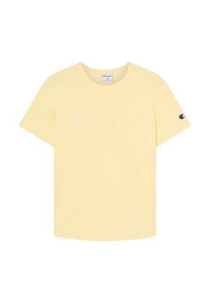 Lichtgele T-shirt met korte mouwen en een witte "Champion"-logo over de borst, met een klein Champion-embleem op de linkermouw.