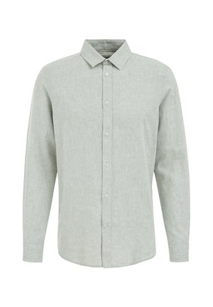 Light green long-sleeve shirt with a textured fabric, button-down collar, and front buttons, featuring a curved hem and straight-cut design.