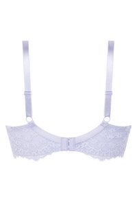 Lavendelfarbenes Spitzen-BH mit verstellbaren Satinschultergurten, der mit floralen Mustern und einem Hakenverschluss auf der Rückseite versehen ist. Strukturierte Spitzenakzente am Bund.