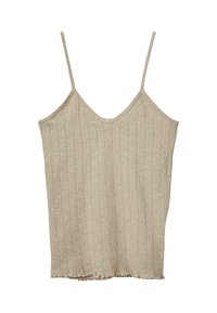 Svijetlosmeđi top bez rukava s tankim trakama, s vertikalnom rebrastom teksturom i razderanim rubom. Materijal izgleda mekano i elastično.