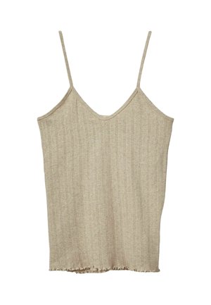 Světle béžový tílko s tenkými ramínky, s vertikální žebrovanou texturou a roztrhaným lemem. Materiál vypadá měkce a pružně.