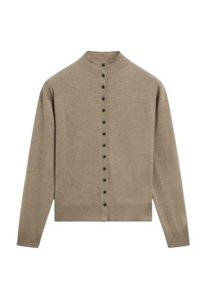 Beige cardigan with a stand-up collar, buttoned front, and long sleeves. Features black buttons along the center and a soft texture.