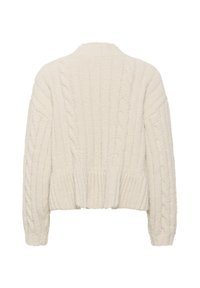 Hvid, chunky strikket sweater med kabelmønster, cropped længde og ribbet kant og ærmer, lavet af blødt, tekstureret garn.