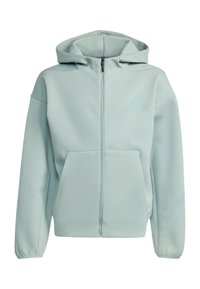 Sudadera con capucha de color verde menta claro con cremallera, tela texturizada, bolsillos delanteros, una capucha grande y un pequeño emblema de logo en la parte superior del pecho.