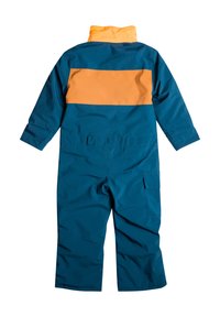 Teal vattentät overall med orange krage och horisontell rand. Har lång ärm, rak stil och sidofickor. Slät textur.