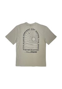 Light beige cotton t-shirt featuring a black graphic design of a sun and rays, text, and abstract waves on the back. Short sleeves, crew neck.
