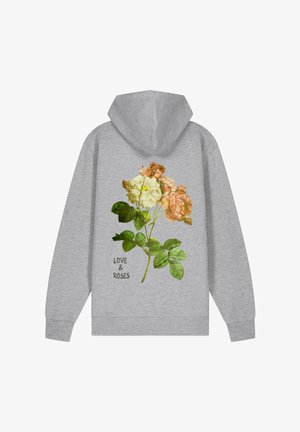 Grijze hoodie met een illustratie van romige en perzikroze rozen met groene bladeren, en de tekst "LOVE & ROSES" in een donkere lettertype.