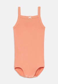 Peskatfarget bodysuit med tynne skulderstropper, en hvit sløyfedetalj ved halsen og trykknapper i bunnen. Myk, glatt stoff.