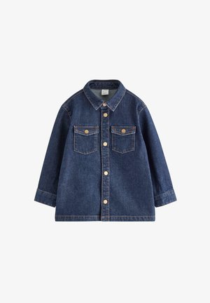 Dark blue denim jacket with long sleeves, button closure, and two chest pockets with button flaps, laid flat on white background.