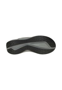 Sole of a shoe with a curved, multi-directional tread pattern. Black rubber base with a gray, textured midsole accent. Brand logo present.