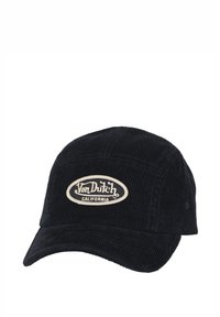 Casquette en velours côtelé noir avec une visière courbée, ornée d'un écusson ovale portant l'inscription "Von Dutch California" en blanc et beige.