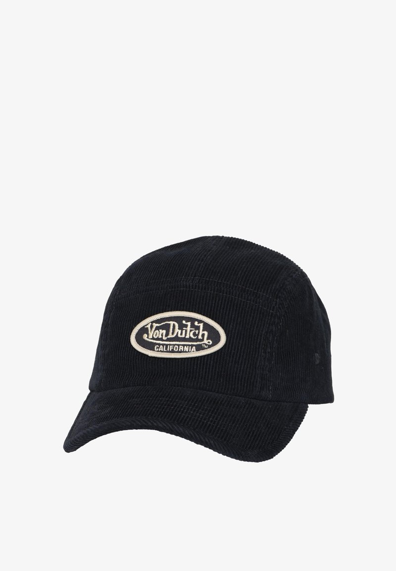 Casquette en velours côtelé noir avec une visière courbée, ornée d'un écusson ovale portant l'inscription "Von Dutch California" en blanc et beige.