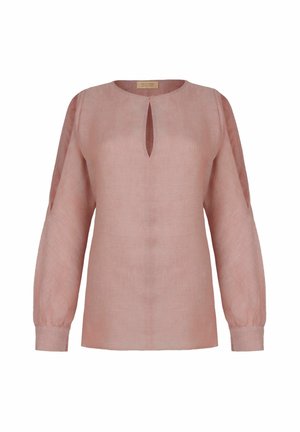 Rosa linneblus med rund halsringning och ett nyckelhålselement. Har långa ärmar med elastiska mudd och en avslappnad passform.