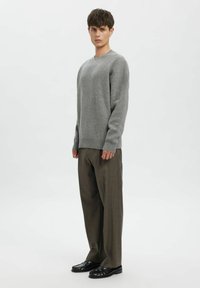 Hall halli kudumisest kampsun pikkade varrukatega ja ümara kaelusega, mille juurde on kombineeritud pruunid laia säärega püksid ja mustad mokassiinid, seisab ühevärvilise tausta ees.