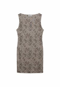 Robe sans manches beige avec un motif animal noir. Elle présente une coupe simple et une texture lisse, adaptée à un style décontracté.