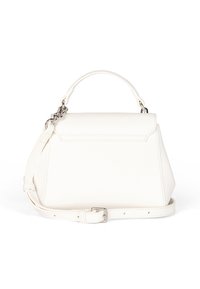 Borsa strutturata bianca realizzata in materiale sintetico testurizzato, dotata di manico superiore, tracolla removibile e dettagli in metallo color argento.