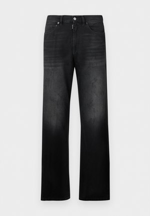 Blugi negri cu croială dreaptă, cu nasturi și fermoar frontal, două buzunare frontale și bucle pentru curea.