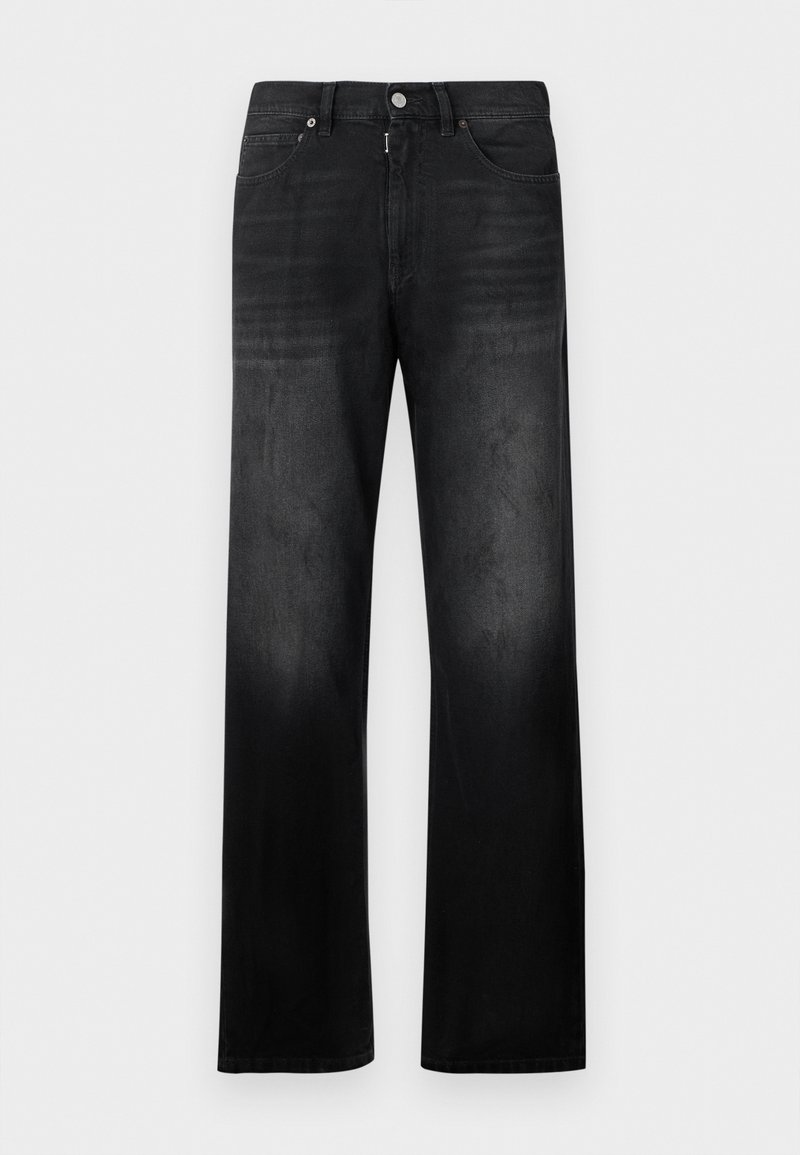 Vaqueros negros de pierna recta con cierre frontal de botón y cremallera, dos bolsillos delanteros y trabillas para cinturón.