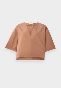 Brown cotton short-sleeve top with a deep V-neck and a relaxed fit, featuring a straight hem and minimalistic design.