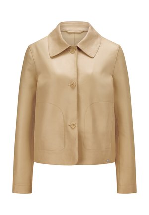 Beige kurze Lederjacke mit langen Ärmeln, drei vorderen Knöpfen, rundem Kragen und zwei aufgesetzten Fronttaschen.