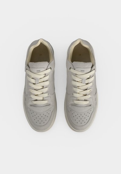 Paire de baskets lacées gris clair avec zone perforée au niveau des orteils, col doux rembourré et semelle lisse, vue de dessus sur fond blanc.
