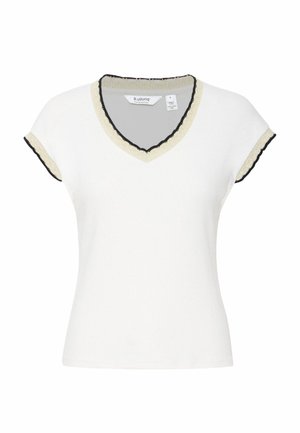 Valge lühikeste varrukatega T-särk V-kaelusega, millel on laineline must ja kuldne ääris kaeluses ja varrukatel, valmistatud pehmest puuvillakangast.