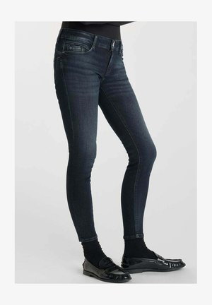Dark blue skinny jeans with a smooth denim texture, featuring a front button and zipper closure, five pockets, and a fitted silhouette.