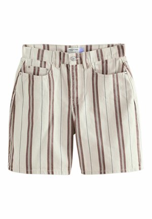 Short beige avec des rayures verticales marron et fines noires, bouton à l'avant, passants de ceinture et poches avant.