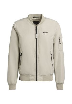 Lichtbeige bomberjack met een ritssluiting aan de voorkant, geribde boorden, zijzakken en een zak op de mouw. Soepele textuur met minimale branding.