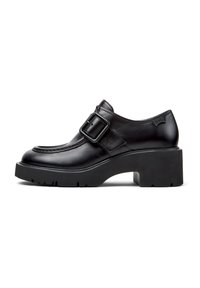 Black leather shoes with a buckle detail, rounded toe, and chunky platform sole. Smooth texture and stitching accents along the upper.