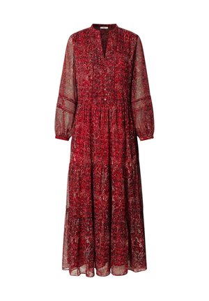 Robe maxi florale rouge avec de longues manches transparentes, un décolleté en V, un corsage froncé et une jupe fluide. Présente des motifs complexes et des détails de boutons.