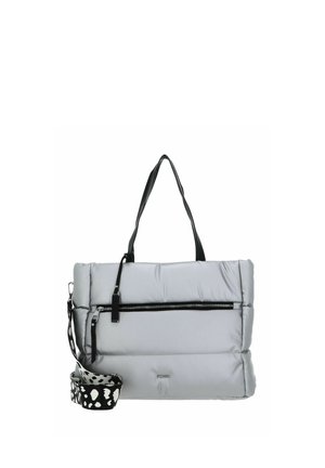 Grey padded tote bag with black handles and zip closure. Features a detachable strap with a black and white print. Smooth texture.