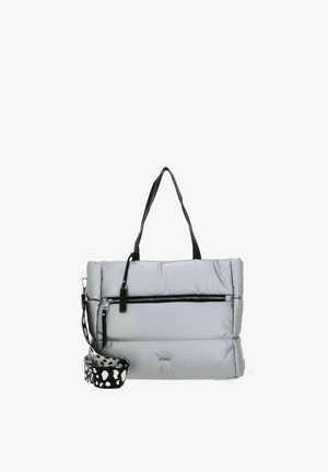 Grey padded tote bag with black handles and zip closure. Features a detachable strap with a black and white print. Smooth texture.