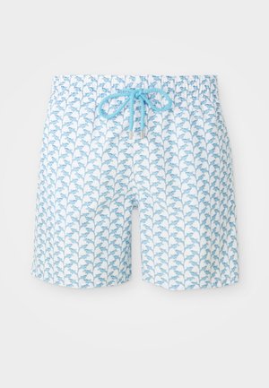 Calções de banho masculinos feitos de tecido leve, com um fundo branco e padrões de golfinhos azuis, cintura elástica e cordão ajustável.