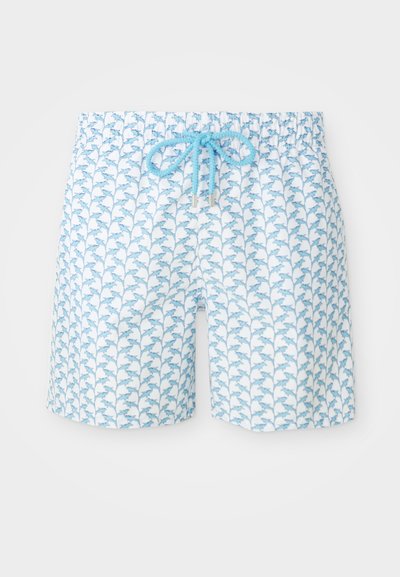 Moške kopalne hlače iz lahkotnega materiala, z belo podlago in modrimi vzorci delfinov, elastični pas in nastavljiva vrvica.