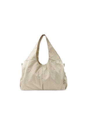 Sac d'épaule léger en tissu beige avec des bretelles larges, un bouton-pression central et des fronces latérales pour un rangement supplémentaire.