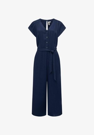Navy blue jumpsuit with short sleeves, a V-neck, button front, and a tie belt at the waist. Soft fabric with a relaxed fit and wide legs.