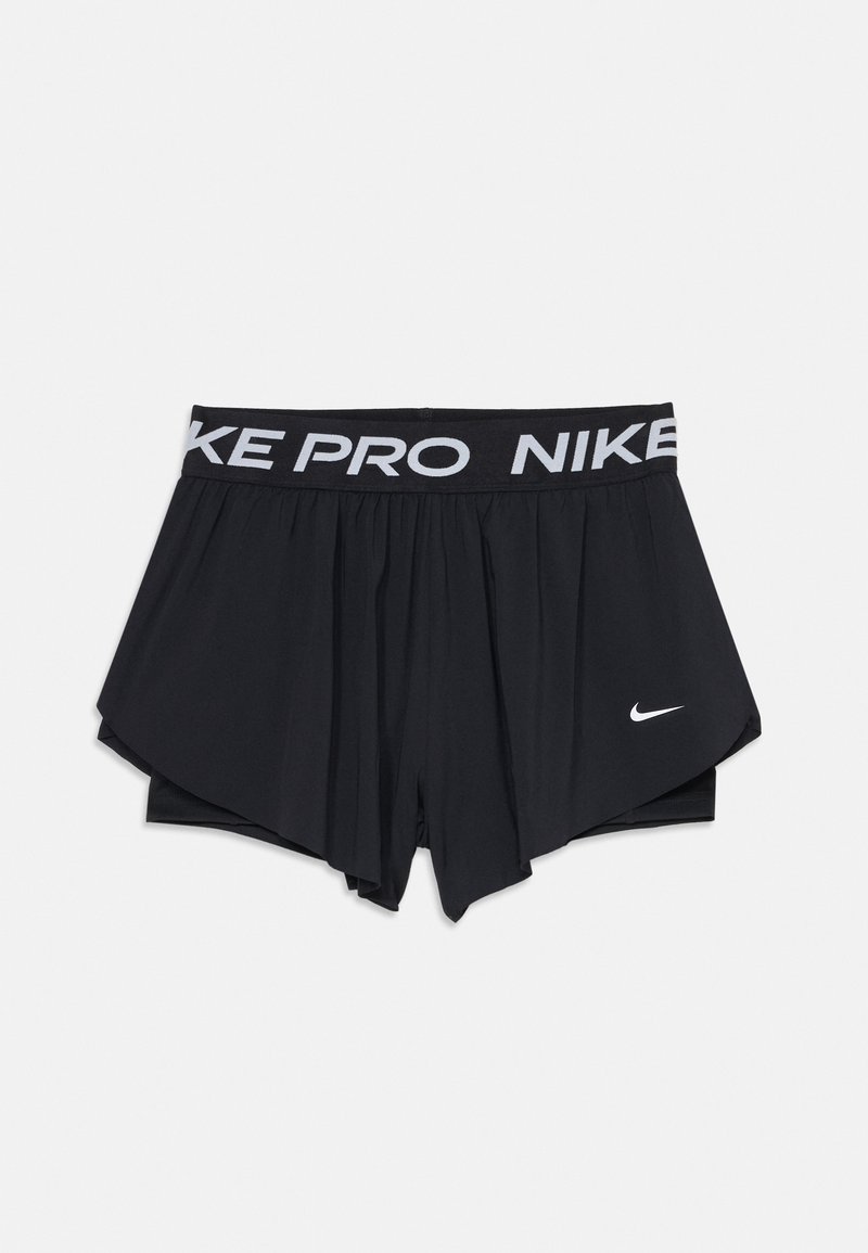 Pantalones cortos deportivos Nike Pro negros con una amplia cinturilla elástica, que presentan un destacado texto blanco "NIKE PRO" y un pequeño logo de Nike en blanco en un costado.