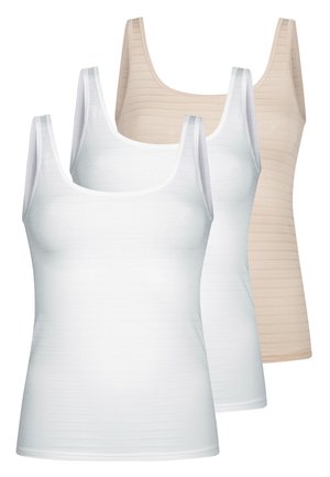 Three sleeveless tank tops, two white and one beige, are stacked in a row with a scoop neckline and subtle horizontal texture.