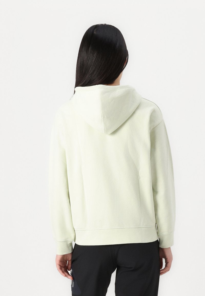 Felpa verde chiaro con cappuccio, caratterizzata da una texture liscia e polsini elasticizzati, con una vestibilità rilassata e un design minimalista sul retro.