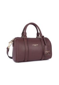 Borsa in pelle marrone con superficie a ciottoli, dotata di doppi manici, tracolla rimovibile, accessori in metallo dorato e un piccolo etichetta con il nome del marchio.