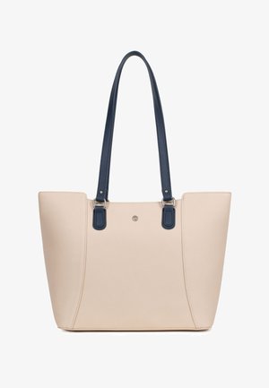 Borsa tote in pelle beige con manici lunghi blu scuro e piccolo dettaglio con bottone argento al centro davanti.