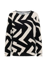 Schwarzer und cremefarbener Sweatshirt mit geometrischem Zickzackmuster, runden Ausschnitt, langen Ärmeln und gerippter Textur.