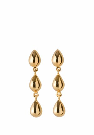 Øreringe i guldfarvet metal med tre forbundne dråbeformede segmenter i en poleret finish.